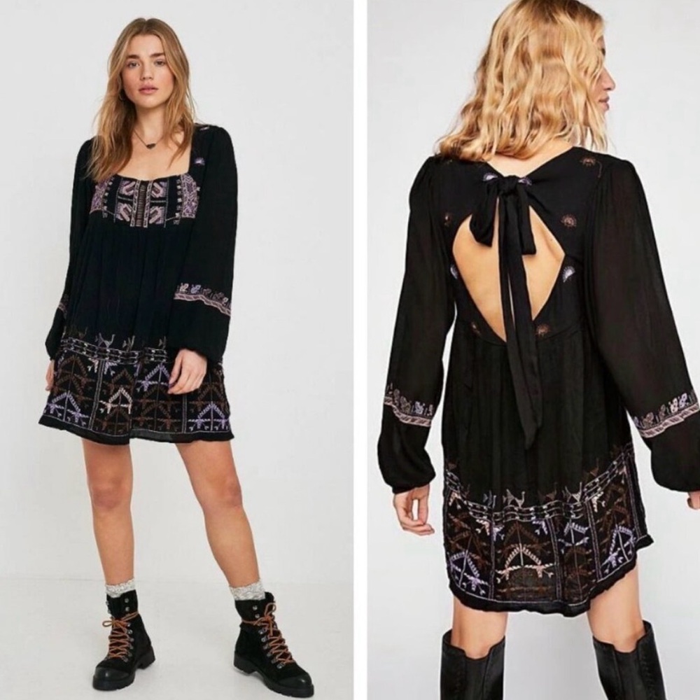 Free People Rhiannon Black Purple Boho Embroidered Dress - Sz Medium EUC